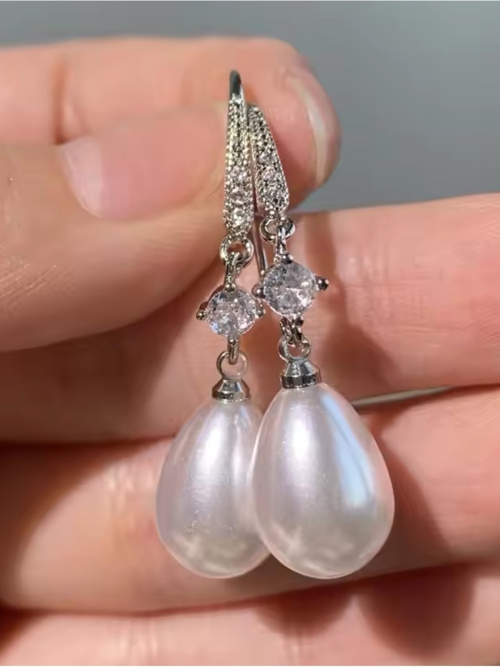 Sterling Silver White Pearl Drop Earrings with Cubic Zirconia